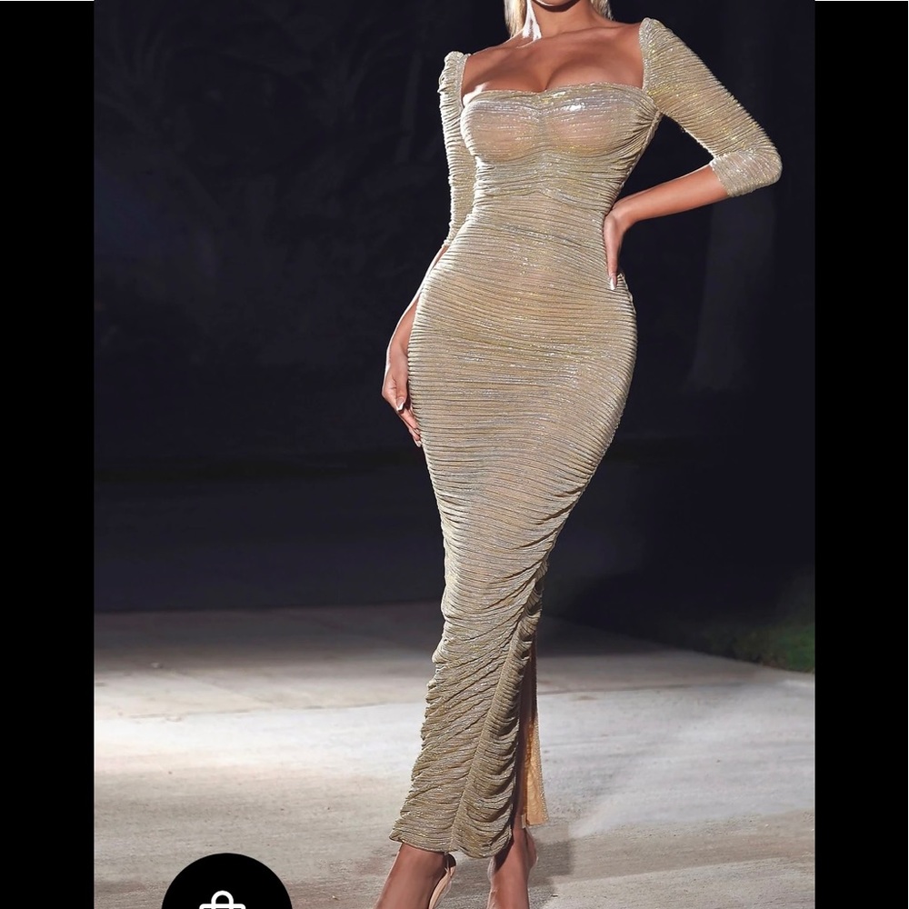 Gene Gold Ruched Chiffon Dress